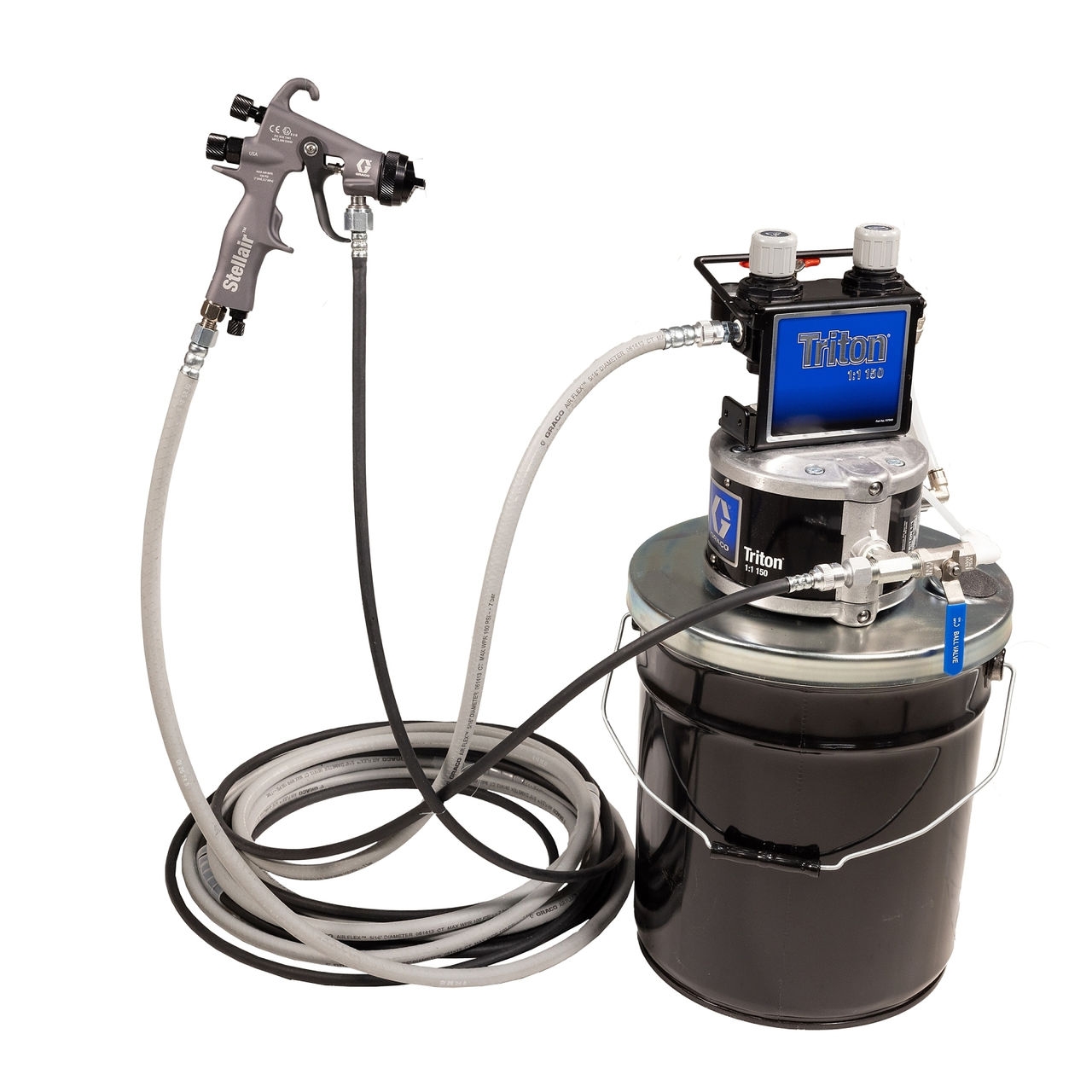 Triton Alum Spray Package, Pail, 60 psi Regulator, Suction, Air & Fluid Hoses, Stellair HVLP Gun .055 in (1.4 mm) Nozzle, Metal Applications Part Number: 233470